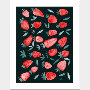 Watercolors strawberries - red and teal on dark background Posters and Art